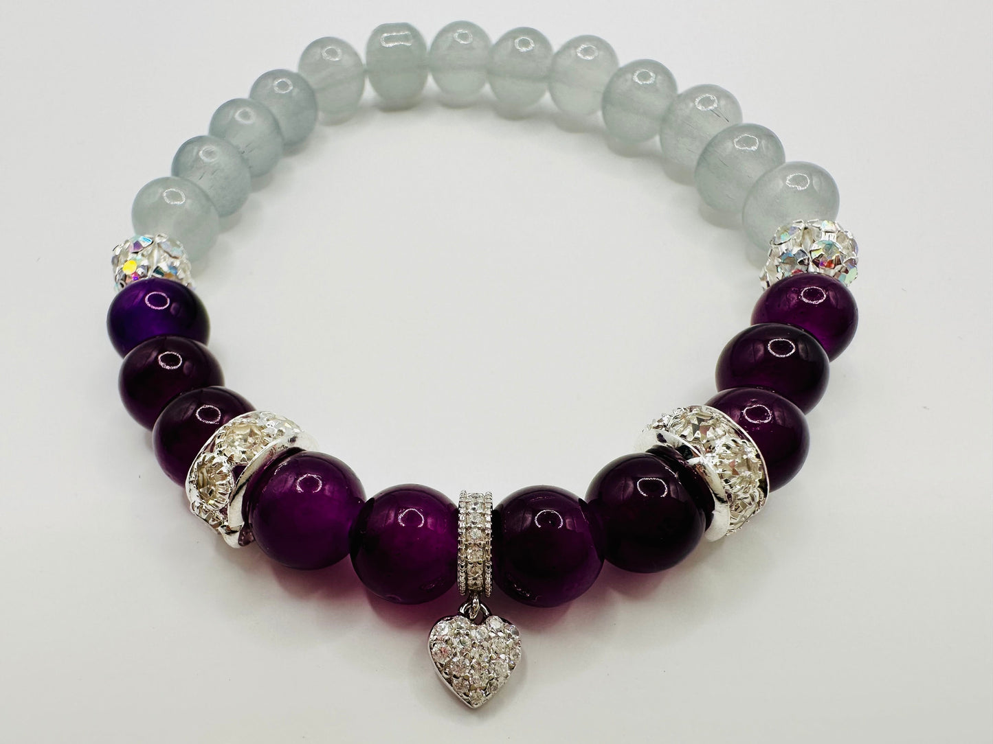 Purple True Love Bracelet. 925 Sterling Silver heart Charm, Rhinestones and Glass Beads