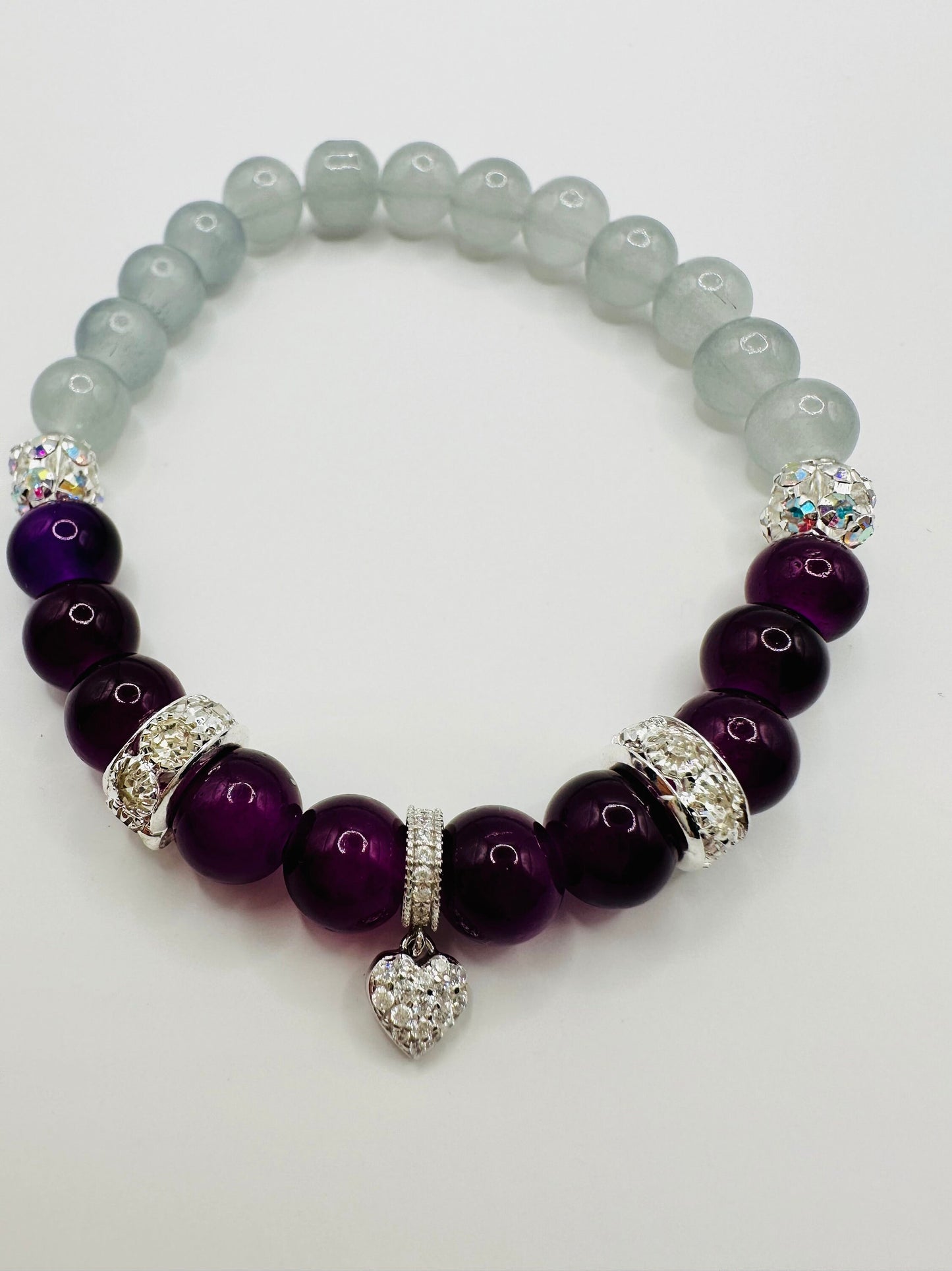 Purple True Love Bracelet. 925 Sterling Silver heart Charm, Rhinestones and Glass Beads