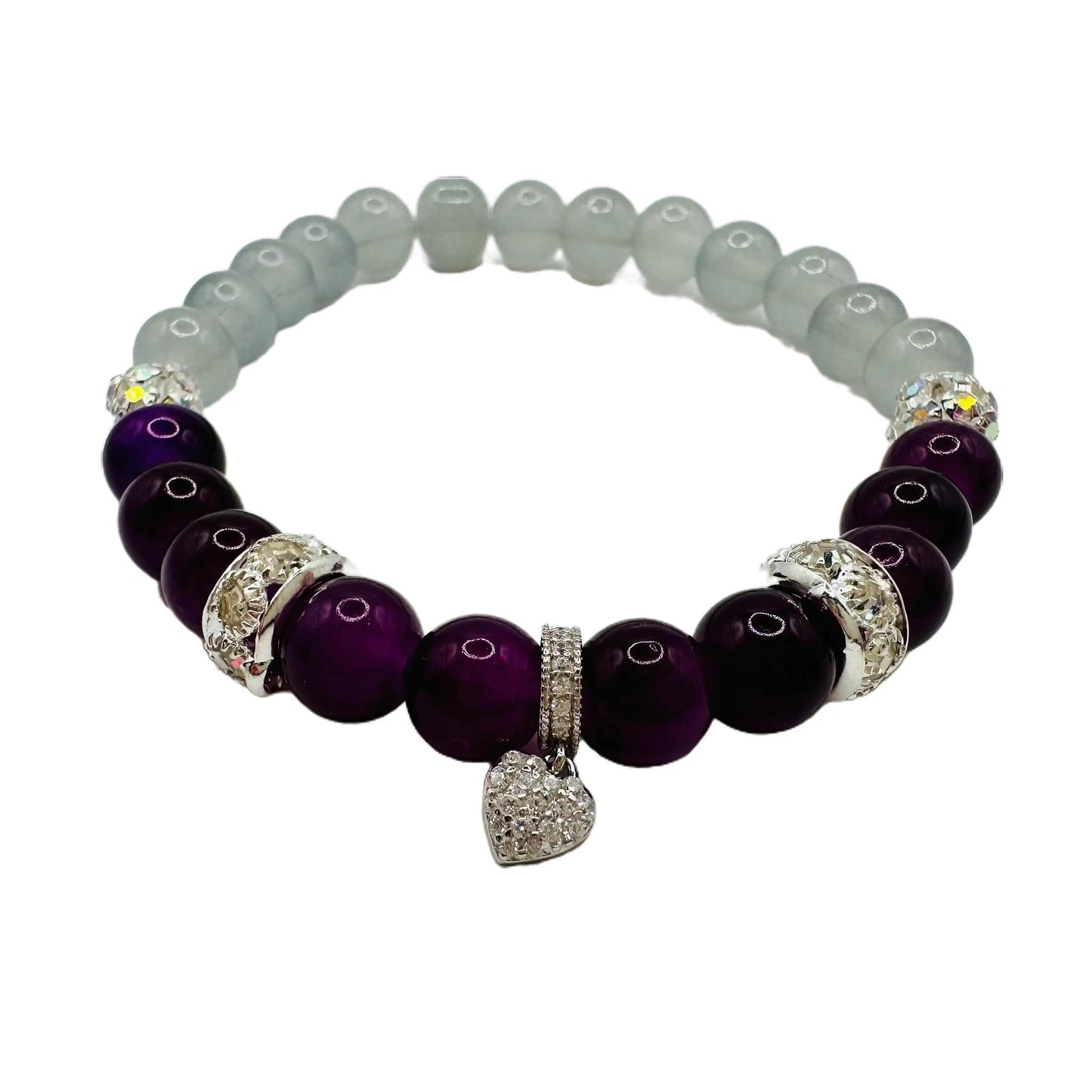 Purple True Love Bracelet. 925 Sterling Silver heart Charm, Rhinestones and Glass Beads