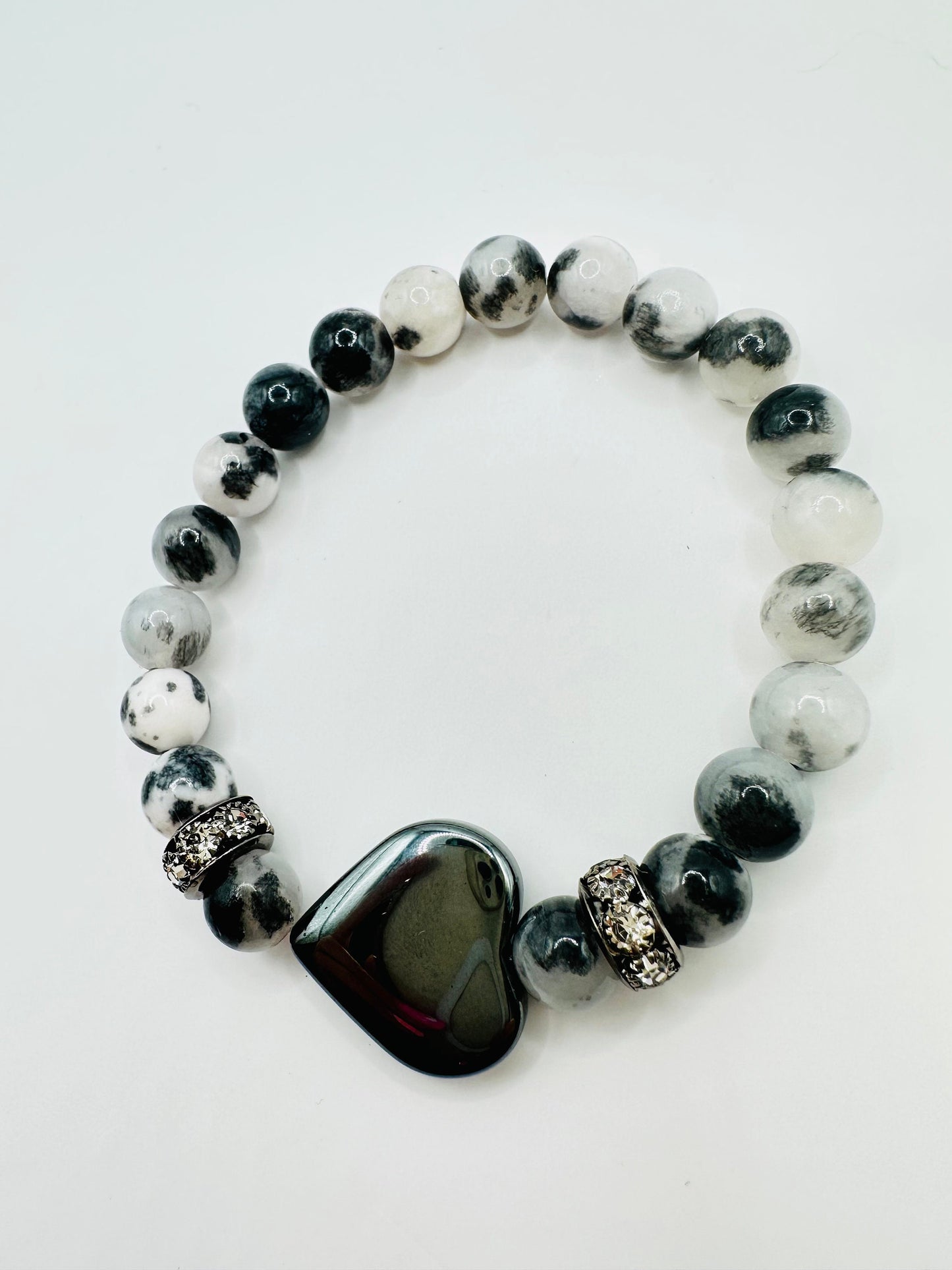 Black and White Jade and Hematite Heart Bracelet - Elegance, Harmony, and a Touch of Sparkle!