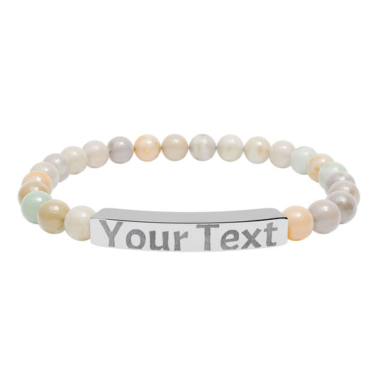 Engravable Natural Stone Bar Bracelet – Custom Text Stretch Beaded Bracelet