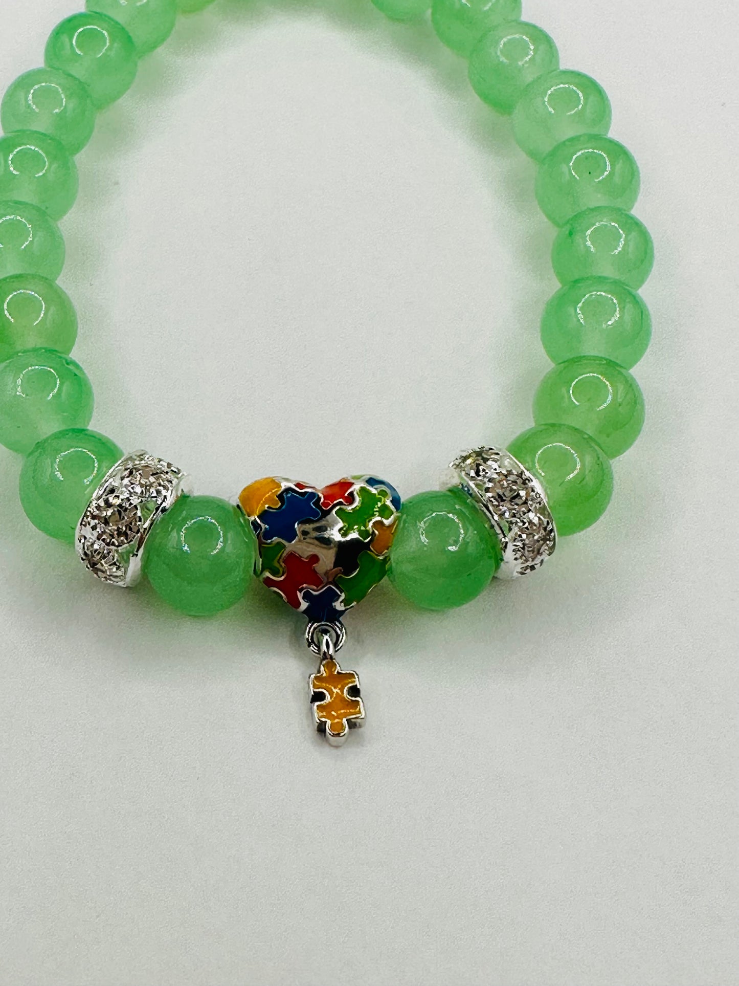 Autism Awareness Bracelet Green with 925 Sterling Silver Heart Shape Pendant