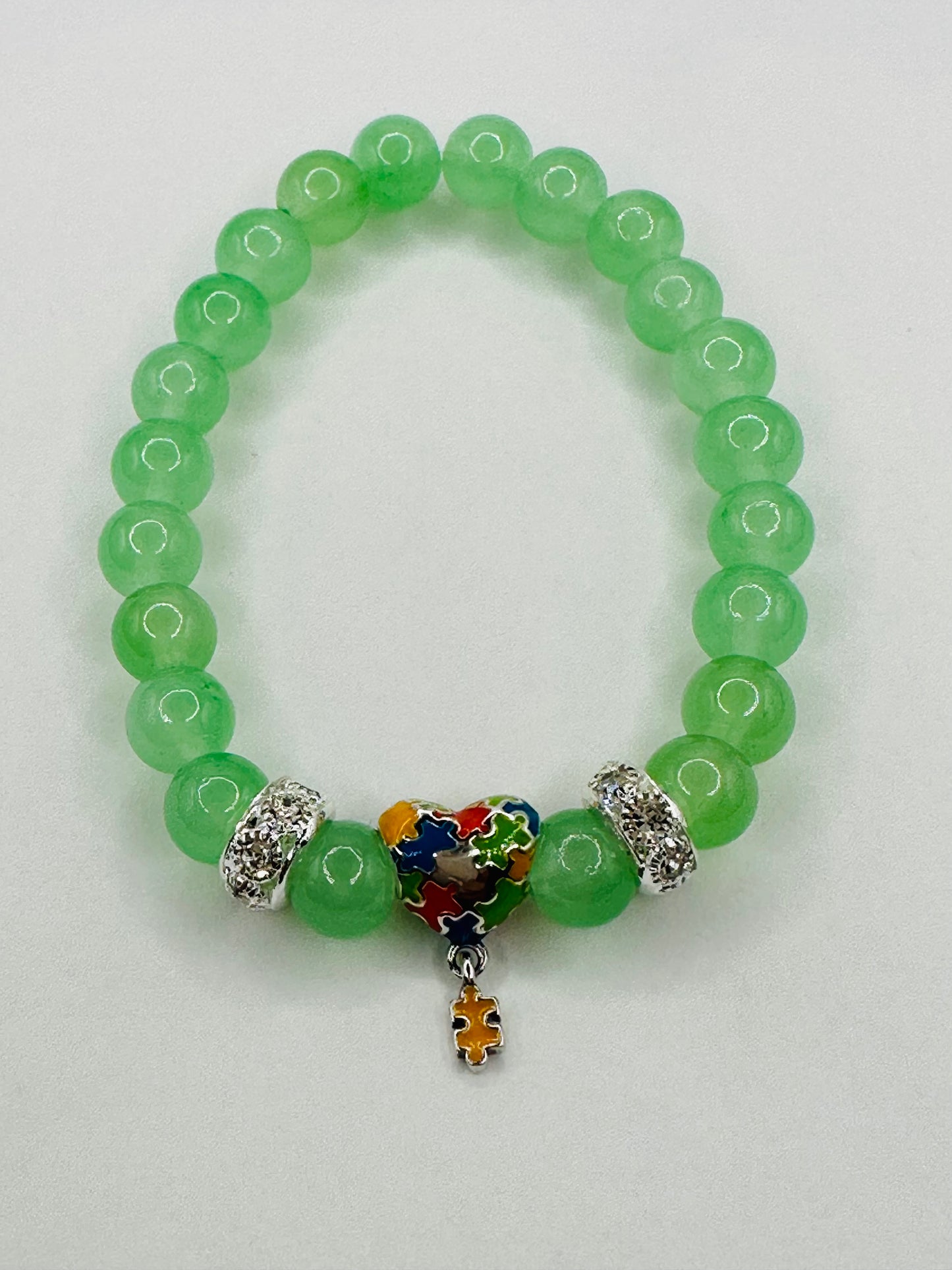 Autism Awareness Bracelet Green with 925 Sterling Silver Heart Shape Pendant