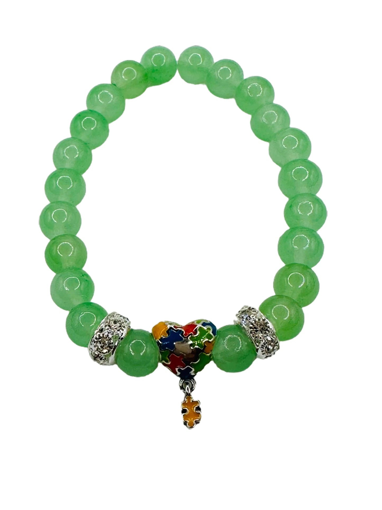 Autism Awareness Bracelet Green with 925 Sterling Silver Heart Shape Pendant