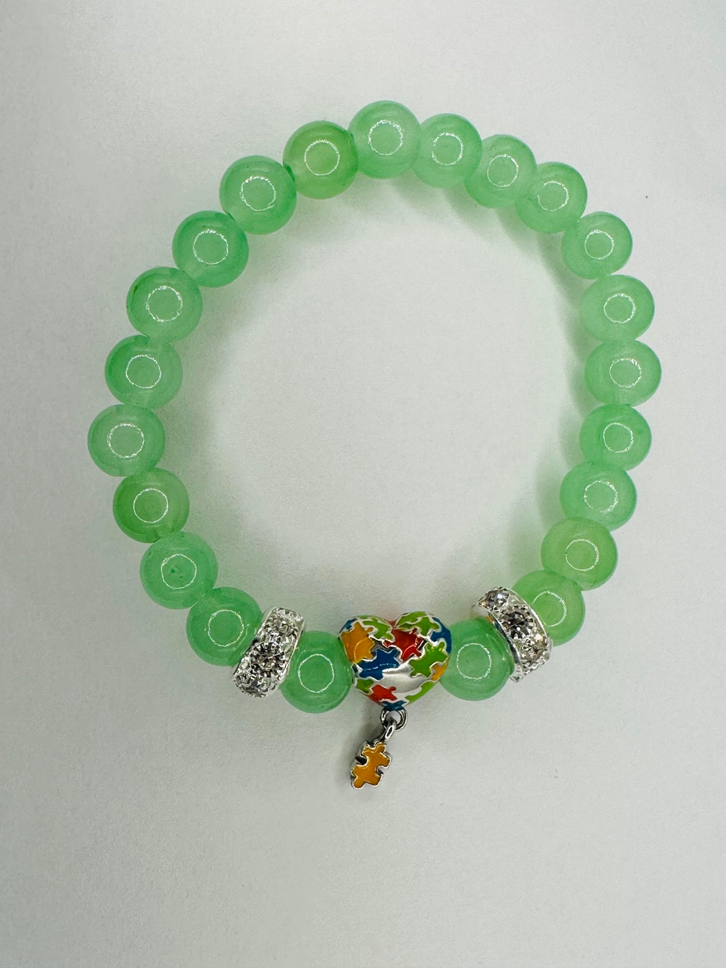 Autism Awareness Bracelet Green with 925 Sterling Silver Heart Shape Pendant