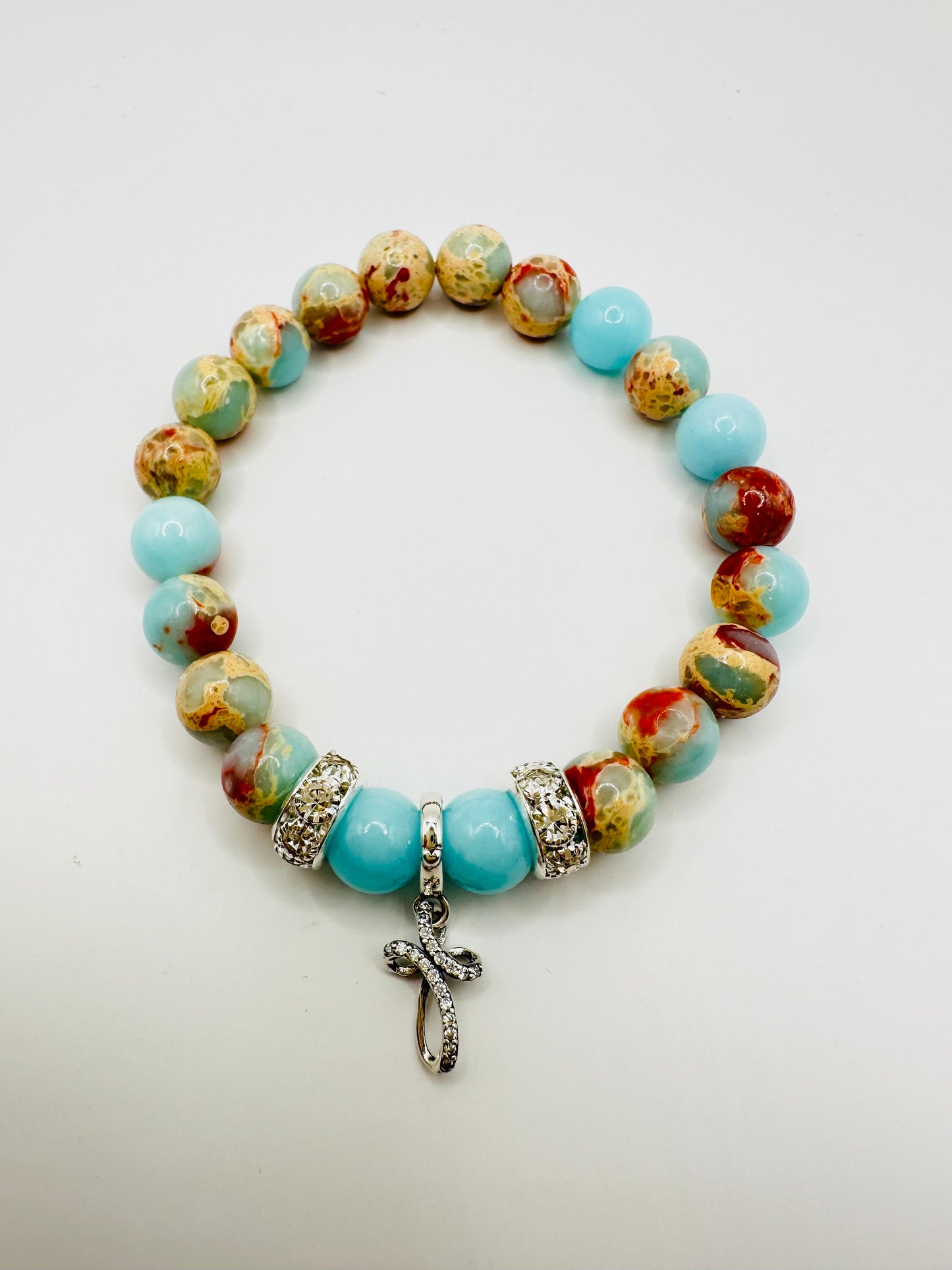 🌊  Ocean Blue Jasper and Sterling Silver Cross Bracelet! ✝️💙