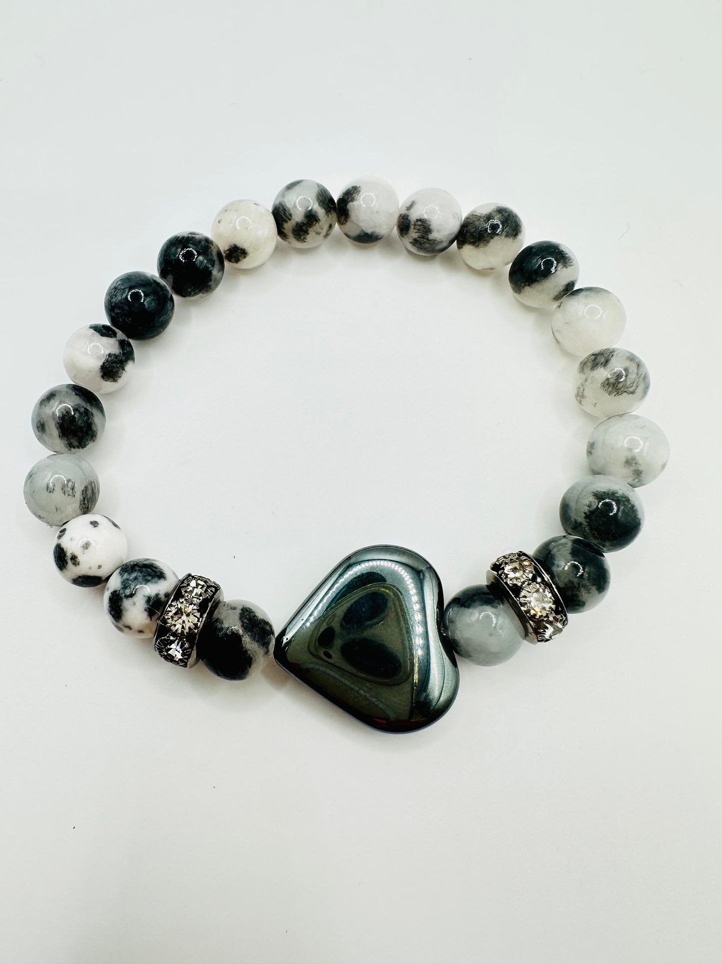 Black and White Jade and Hematite Heart Bracelet - Elegance, Harmony, and a Touch of Sparkle!