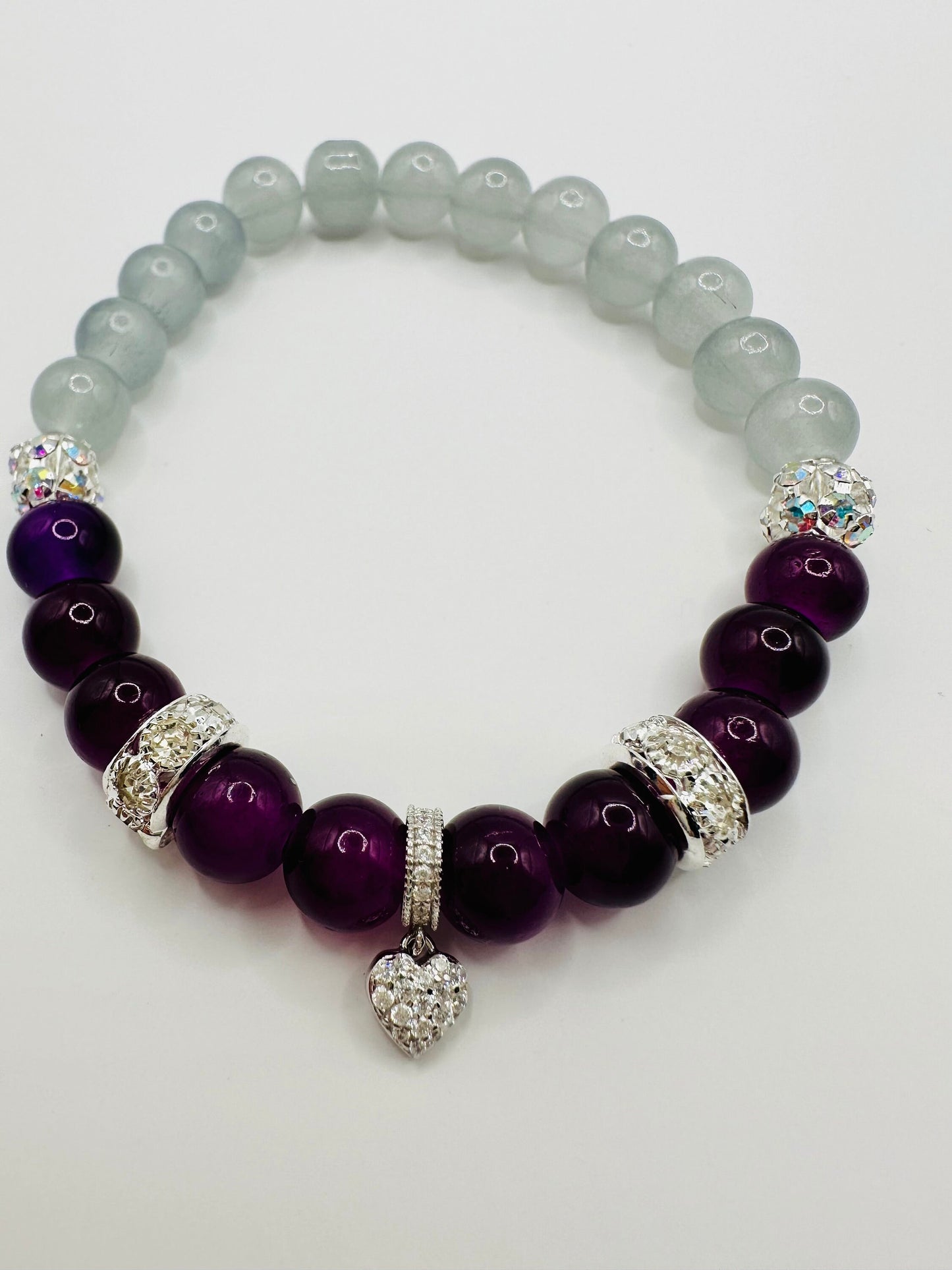 Purple True Love Bracelet.  925 Sterling Silver heart Charm, Rhinestones and Glass Beads