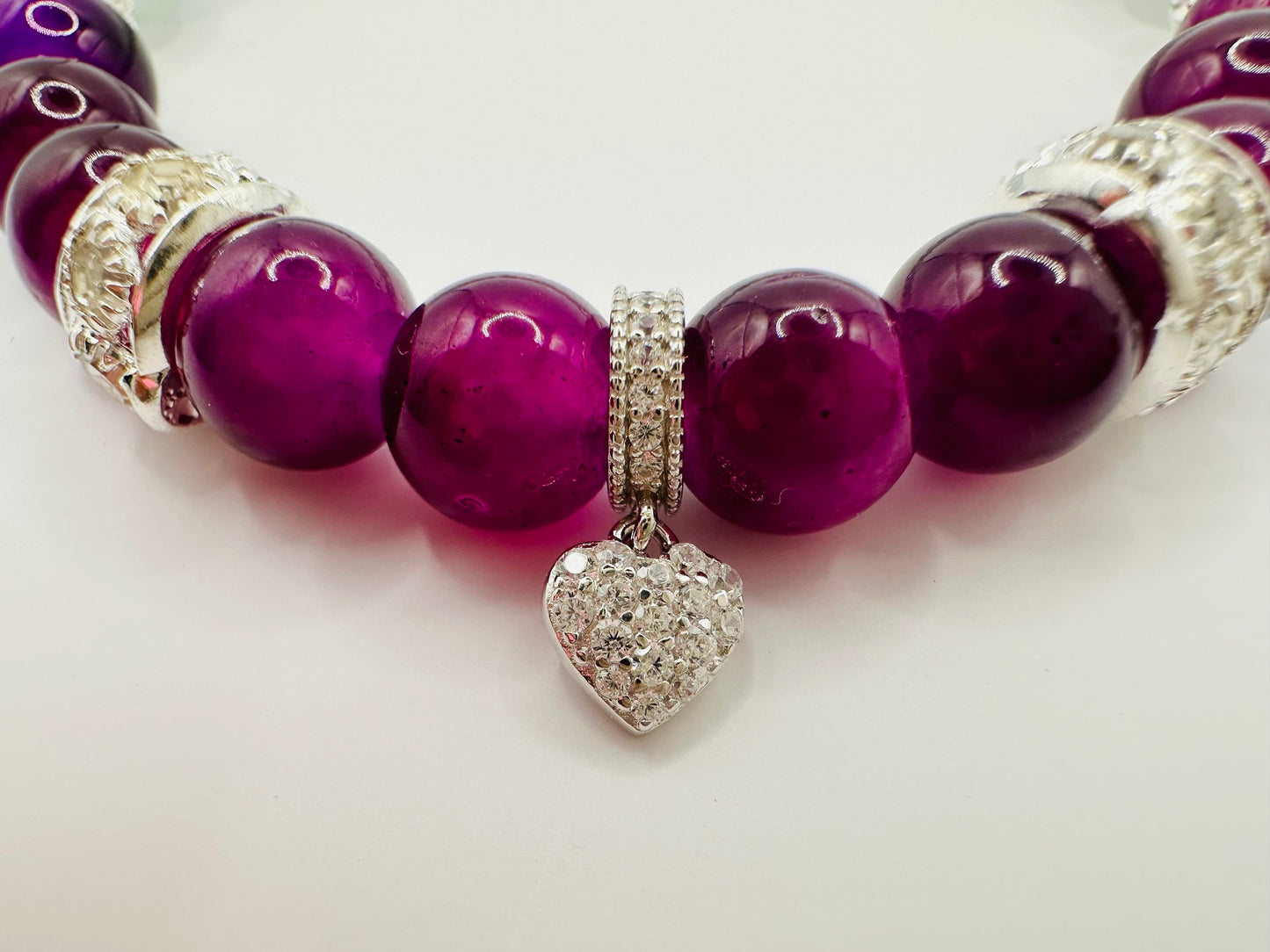 Purple True Love Bracelet.  925 Sterling Silver heart Charm, Rhinestones and Glass Beads