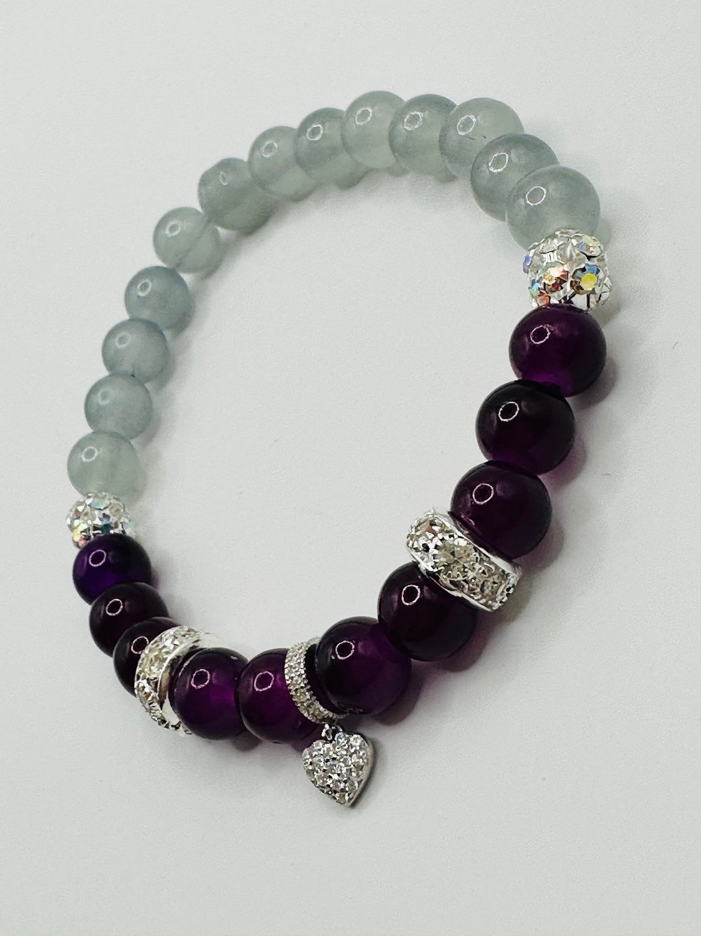 Purple True Love Bracelet.  925 Sterling Silver heart Charm, Rhinestones and Glass Beads