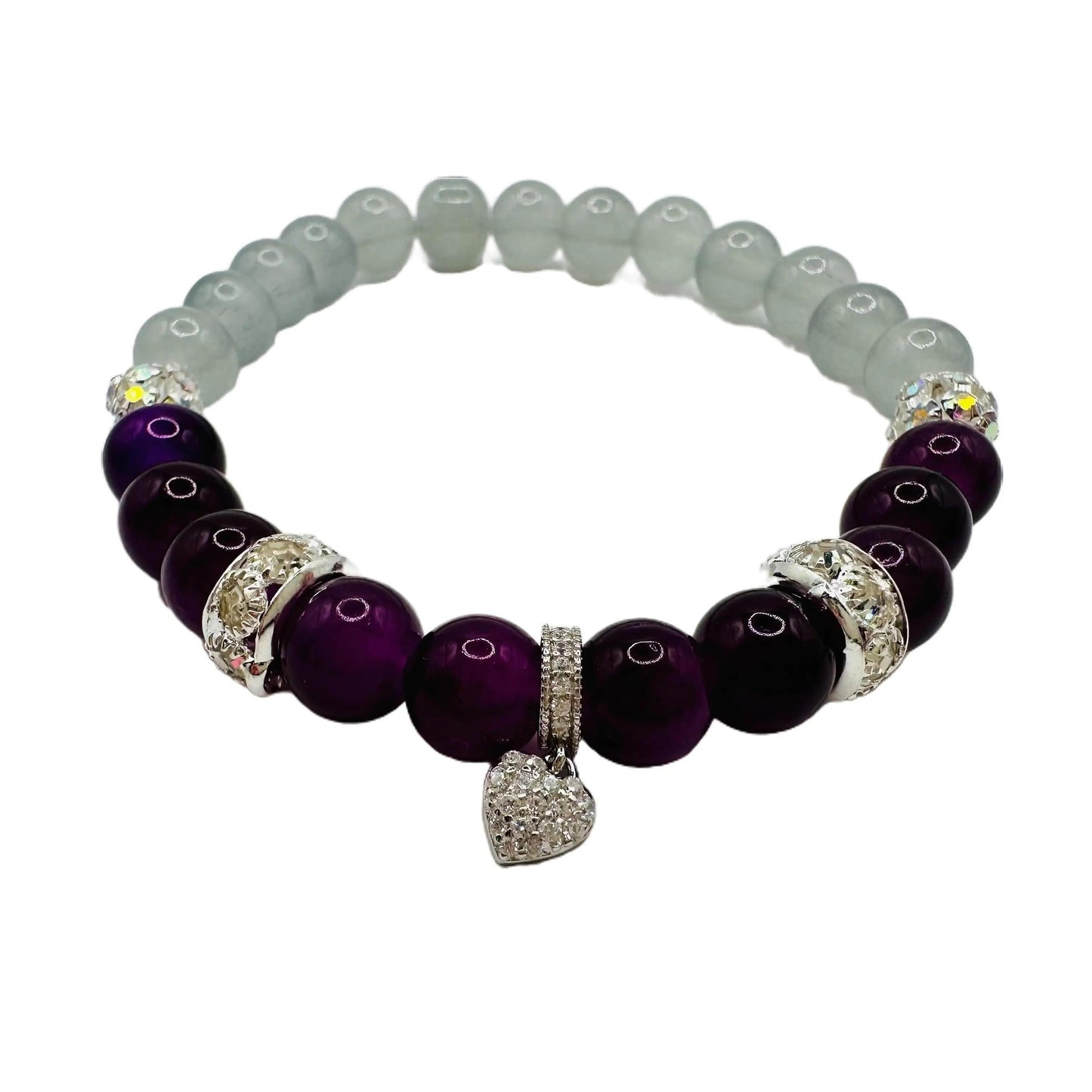 Purple True Love Bracelet.  925 Sterling Silver heart Charm, Rhinestones and Glass Beads