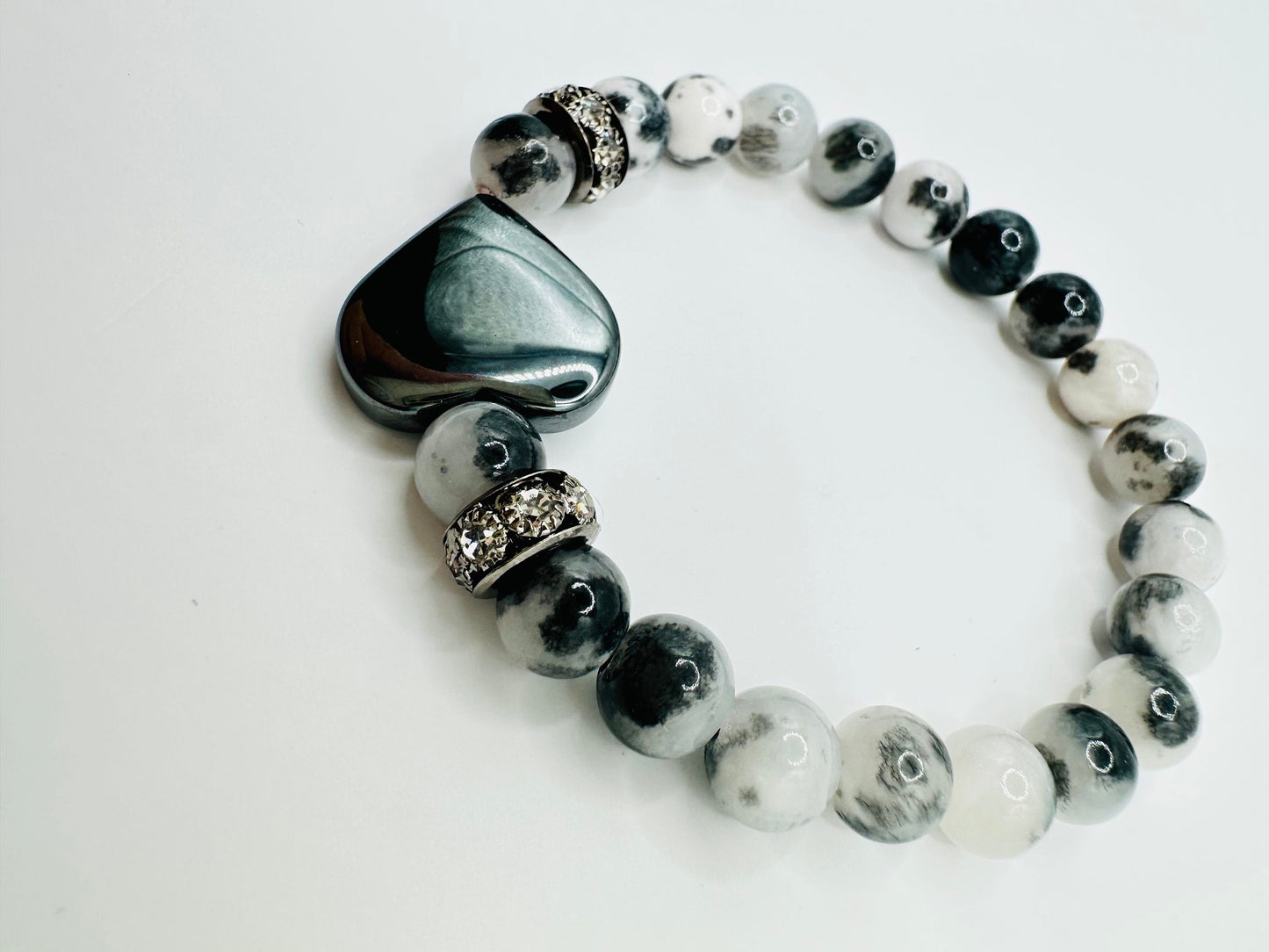 Black and White Jade and Hematite Heart Bracelet - Elegance, Harmony, and a Touch of Sparkle!