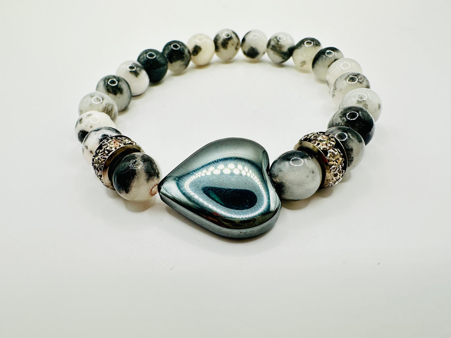 Black and White Jade and Hematite Heart Bracelet - Elegance, Harmony, and a Touch of Sparkle!